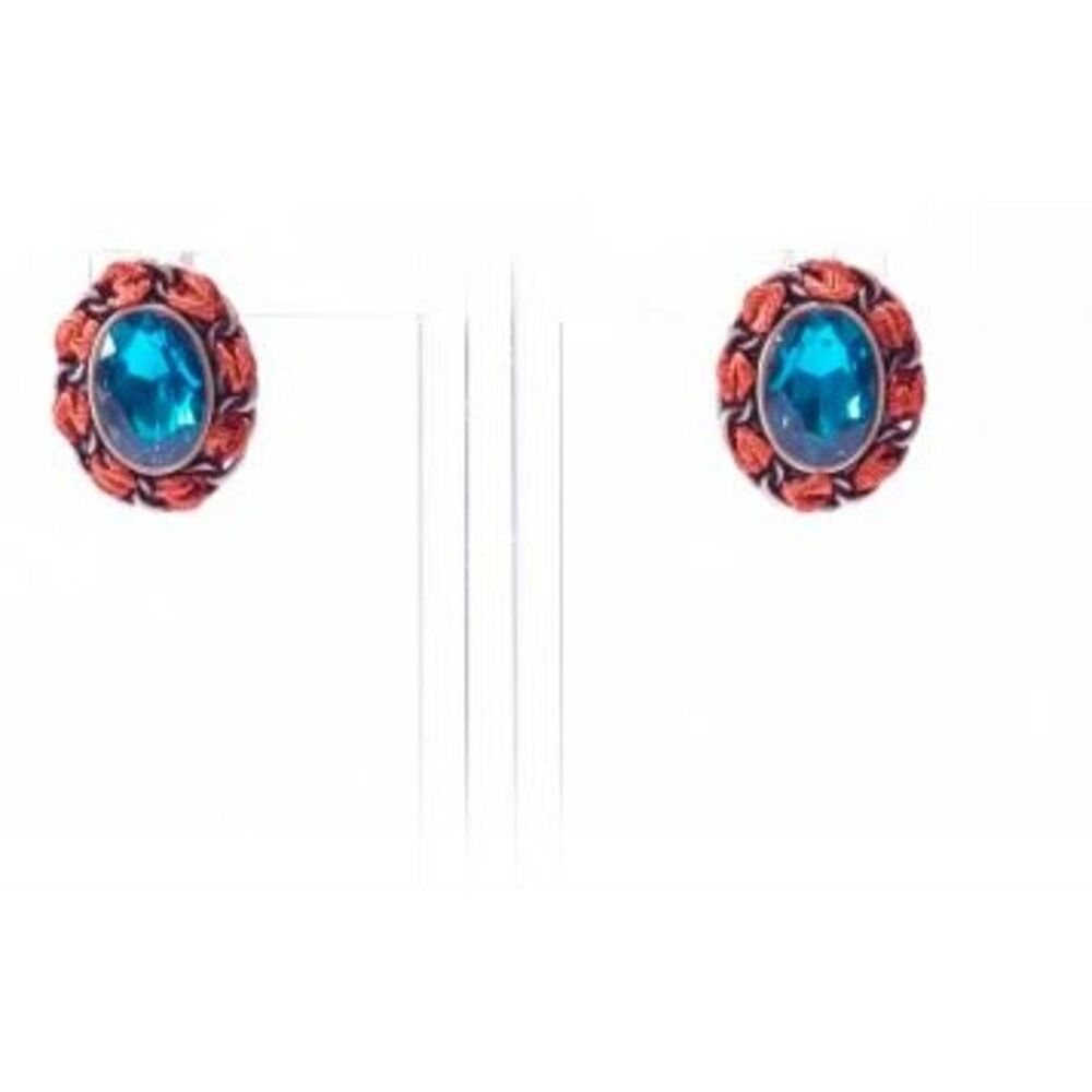 Vintage Designer Teal Sapphire Gemstone Grosgrain Ribbon Stud Earrings NWOT 198